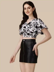 Chic White Floral Crepe Crop Top for Women Perfect for Casual & Party Wear
