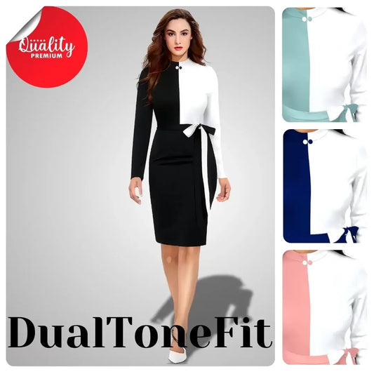 Woman wearing a black and white dress with 'Dual Tone Fit' text and 'Quality Premium' label.