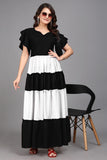 Elegant Black Colourblocked Maxi Dress with Flared Sleeves
