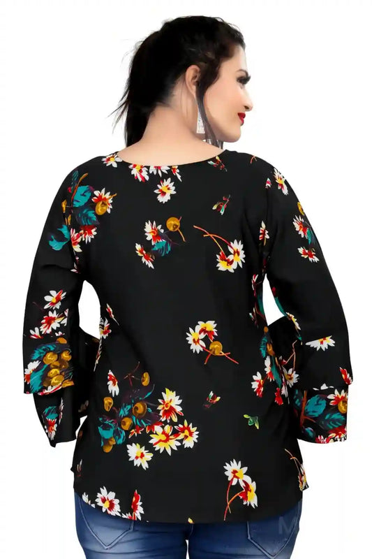 Elegant Black Crepe Tunic with Bell Sleeves and Floral Design for Casual Wear
