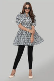 Elegant Black Floral Crepe Ruffle Top with Three Quarter Sleeves

