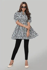 Elegant Black Floral Crepe Ruffle Top with Three Quarter Sleeves
