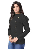 Elegant Black Full Sleeve T-Shirt with Button Neck and Puff Sleeves
