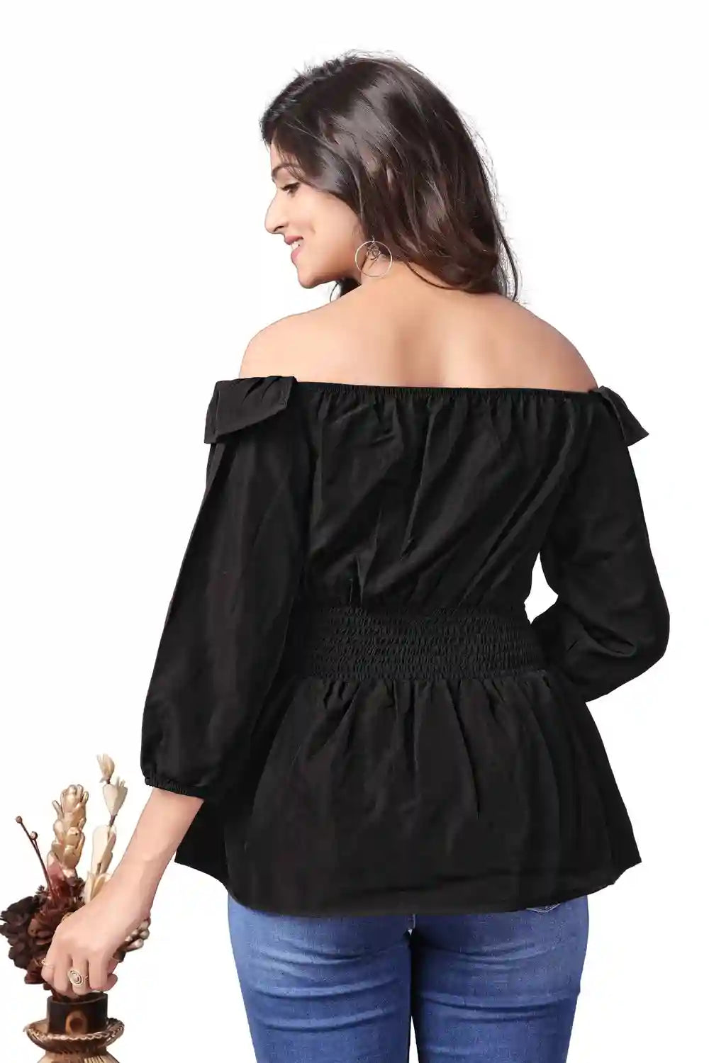 Elegant Black Solid Off Shoulder Crepe Top for Casual Wear
