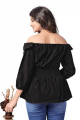 Elegant Black Solid Off Shoulder Crepe Top for Casual Wear
