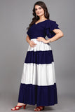 Elegant Blue Colourblocked Flared Sleeve Maxi Dress for Women
