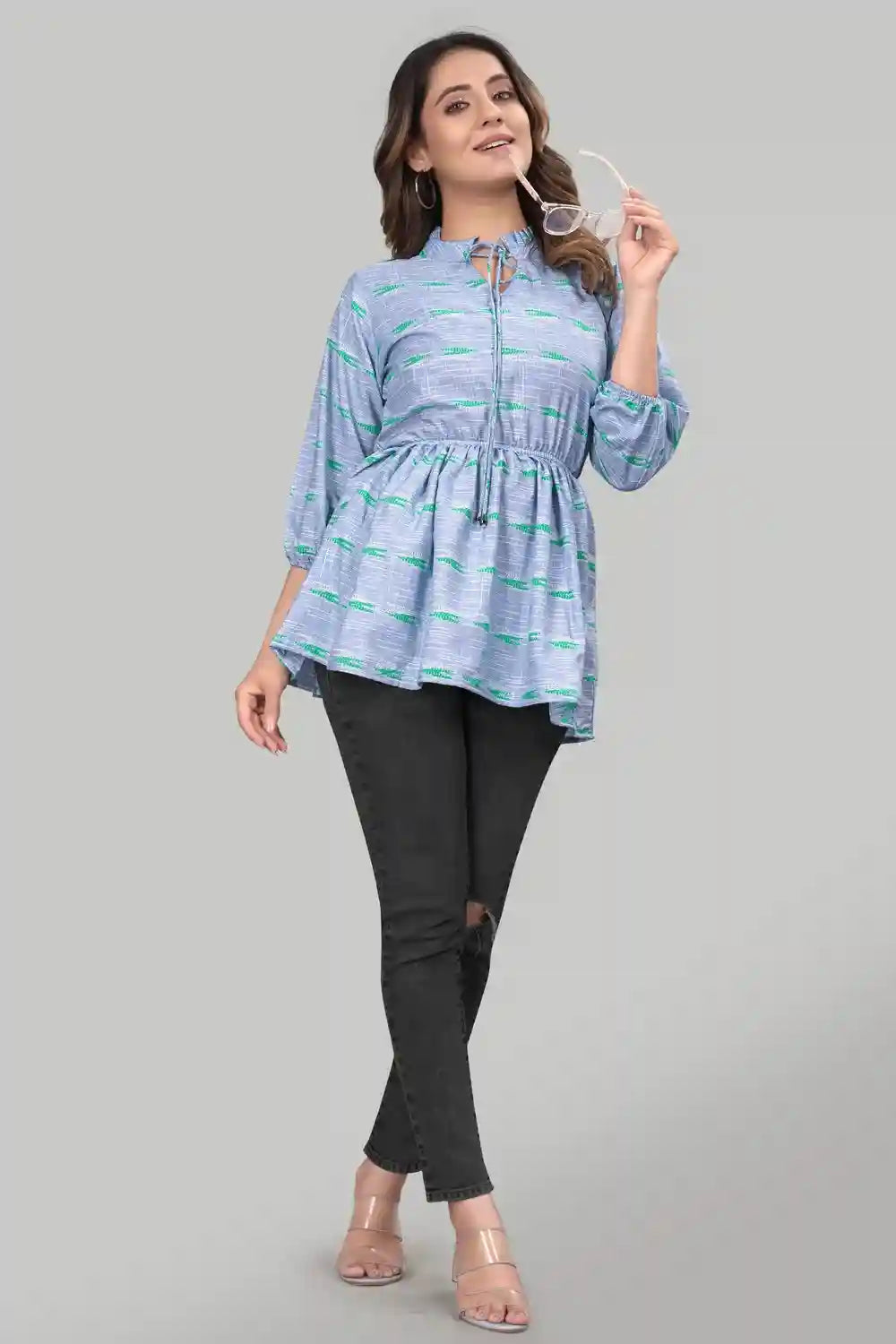 Elegant Blue Floral Crepe Tunic Top with Ruffle Neck for Women

