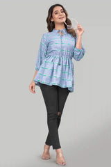 Elegant Blue Floral Crepe Tunic Top with Ruffle Neck for Women
