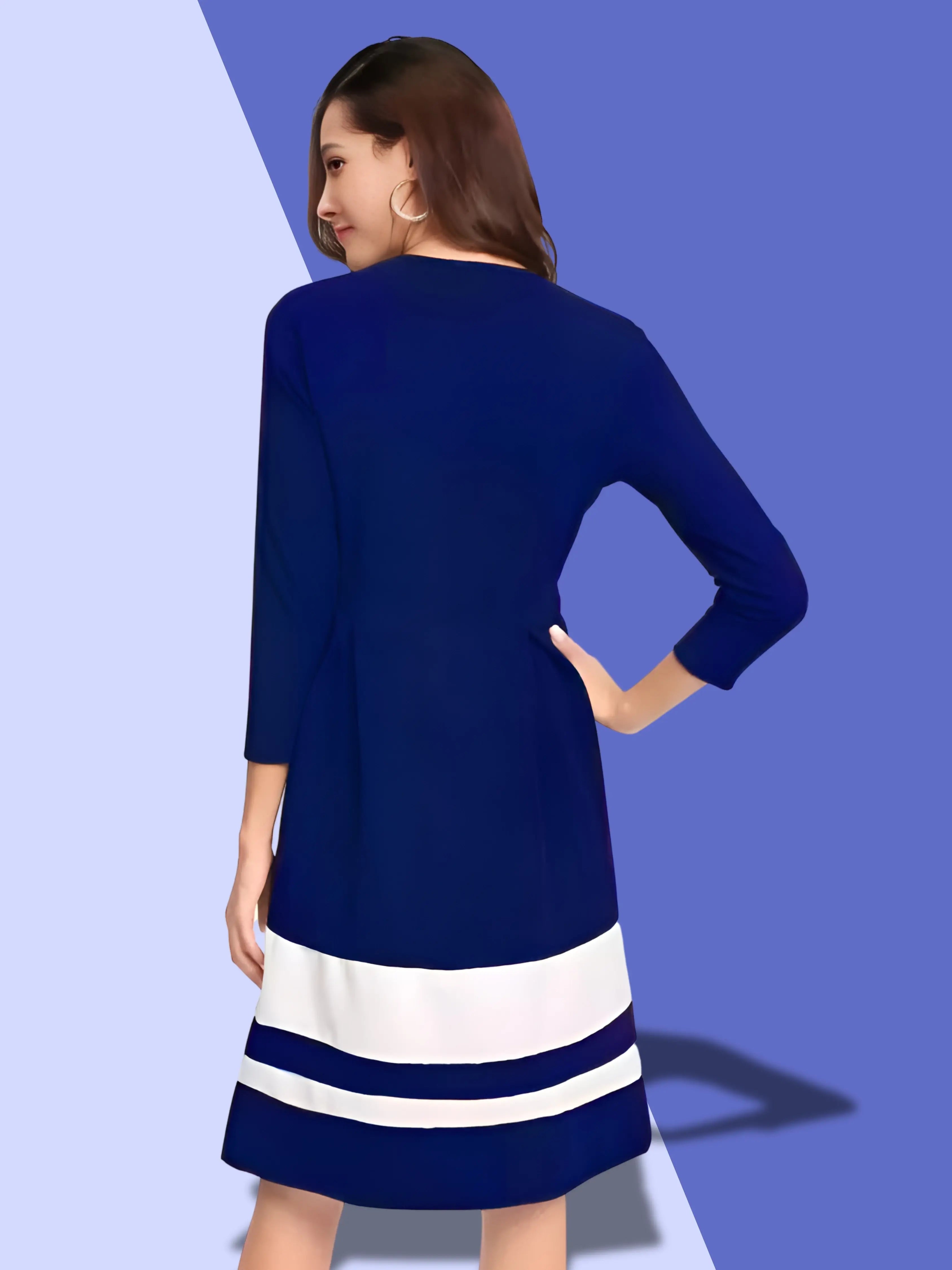 Elegant Blue Knee-Length Skater Dress for Women - Round Neck Design