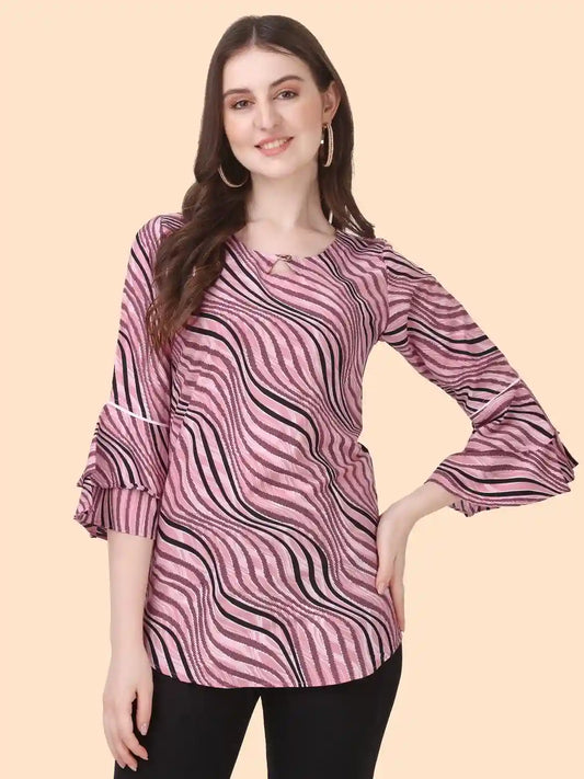 Elegant Peach Keyhole Neck Tunic Top with Stripe Pattern for Women
