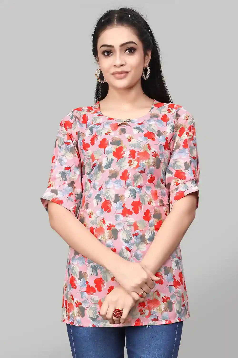 Elegant Pink Floral Crepe Tunic with Keyhole Neck
