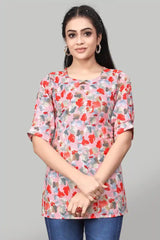 Elegant Pink Floral Crepe Tunic with Keyhole Neck
