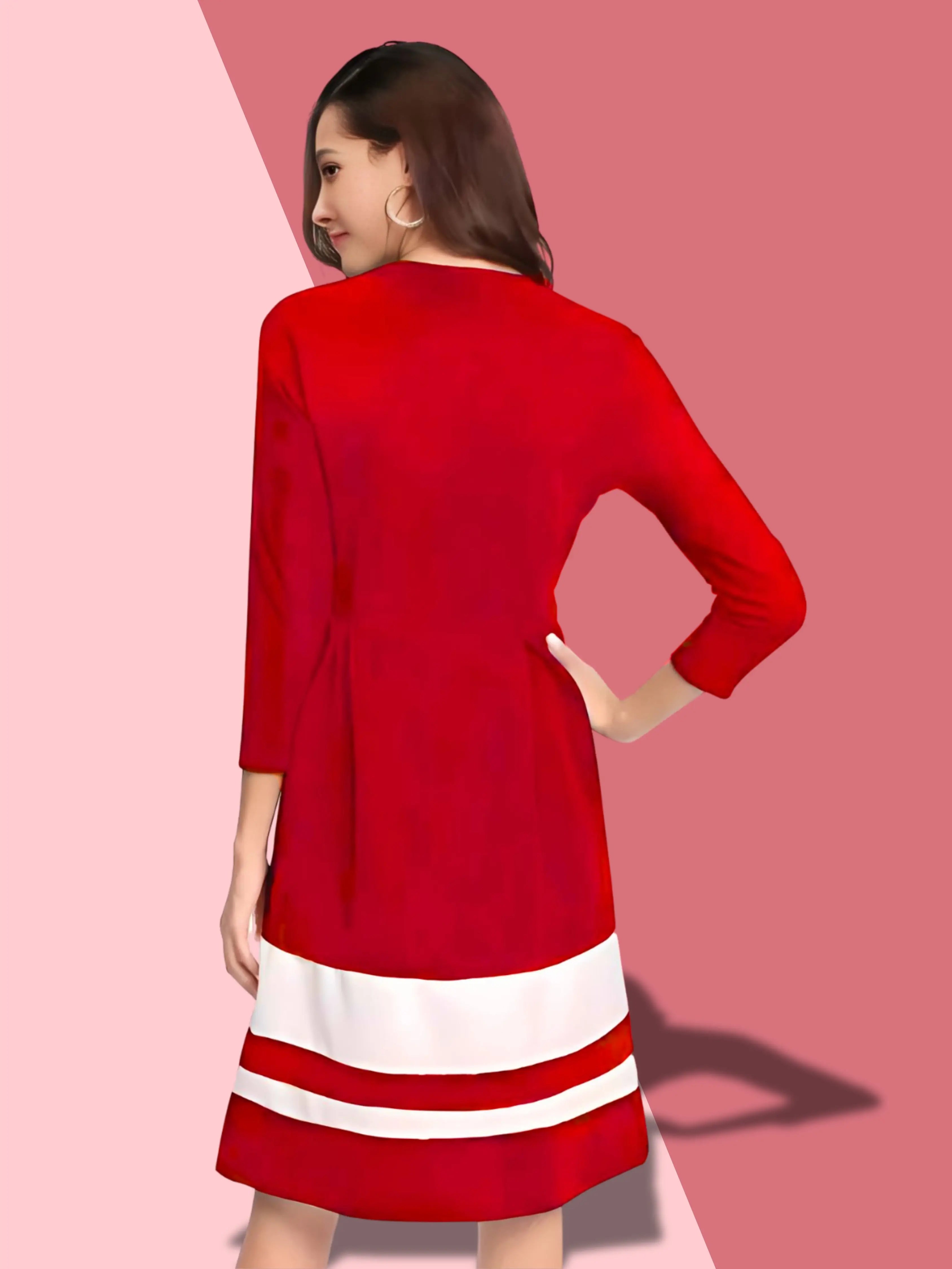 Elegant Red Knee-Length Skater Dress for Women - Round Neck Design