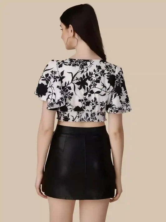 Elegant White Crepe Crop Top with Floral Print and V-Neck Design

