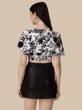 Elegant White Crepe Crop Top with Floral Print and V-Neck Design
