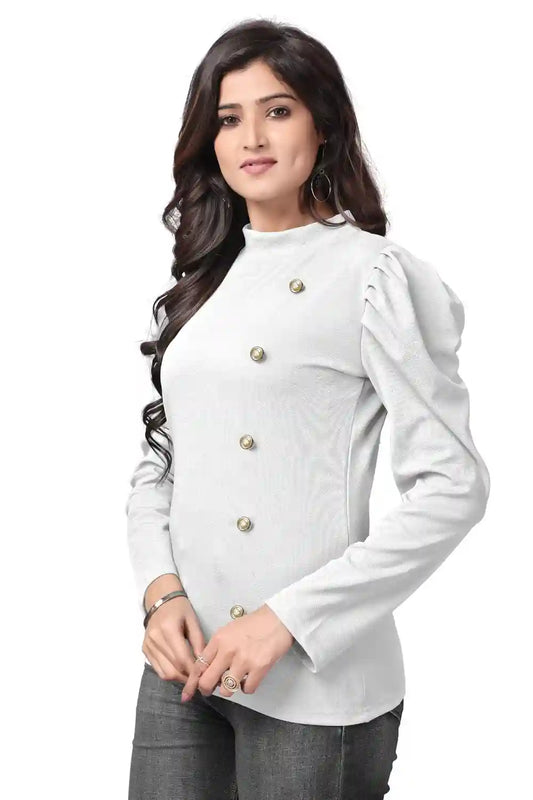 Elegant White Polyester T-Shirt with Round Button Neck
