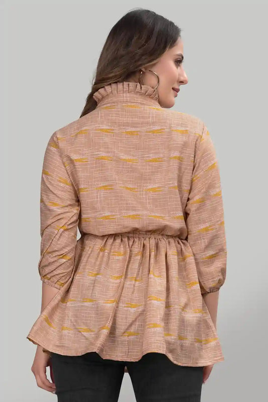 Elegant Yellow Floral Ruffle Neck Tunic with Three Quarter Sleeves
