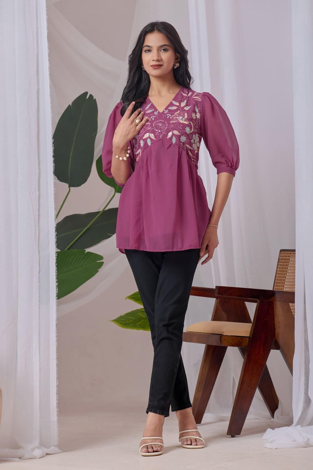 Elegant peach georgette top with embroidery

