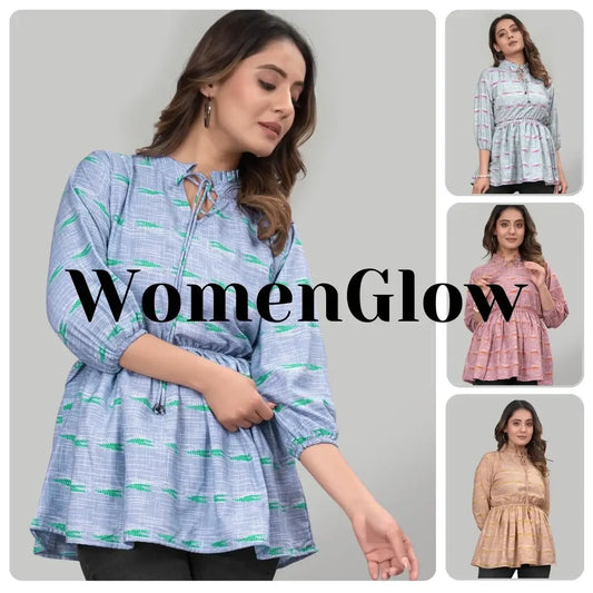 Woman wearing a blue and green patterned top with 'WomenGlow' branding, surrounded by smaller images of the same woman in different outfits.
