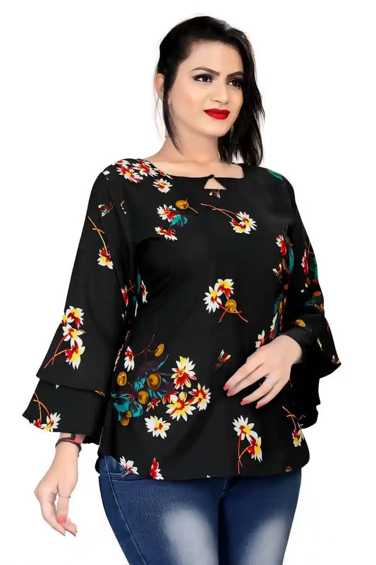 Fashionable Black Bell Sleeve Tunic with Keyhole Neck – Ideal for Parties
