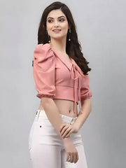 Fashionable Pink Polyester Crop Top – Perfect for Casual Outfits
