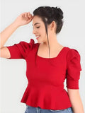 Fashionable Red Solid Polyester Top for Women Hip-Length Casual Wear
