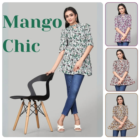 Floral Mango Printed Tops for Women | Keyhole Neck & Puff Sleeves
