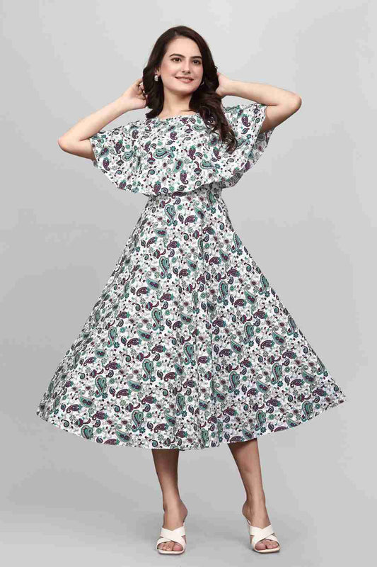 Green Floral Flared Sleeve Maxi Dress for Women by Zelzis
