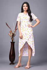 Green and White Abstract Printed V-Neck Dress for Women by ZELZIS


