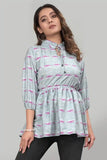 Grey Floral Ruffle Neck Crepe Tunic Top for Women
