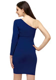 Modern blue knee-length dress with a single-shoulder style
