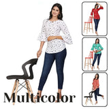 Multi-Colour Printed Crepe Top with Bell Sleeves & Keyhole Neck – Stylish Casual & Party Wear
