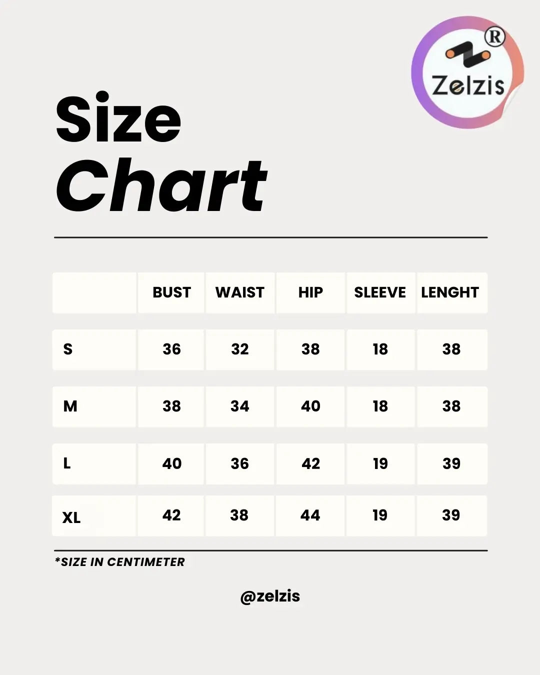 Size chart for clothing with Zelzis logo on a white background