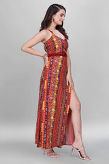 Party wear orange sweetheart neckline maxi dress

