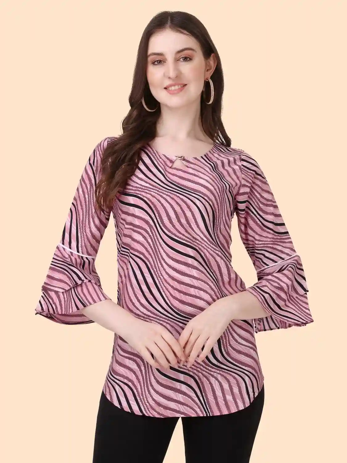 Peach Striped Keyhole Neck Crepe Tunic for Women by ZELZIS

