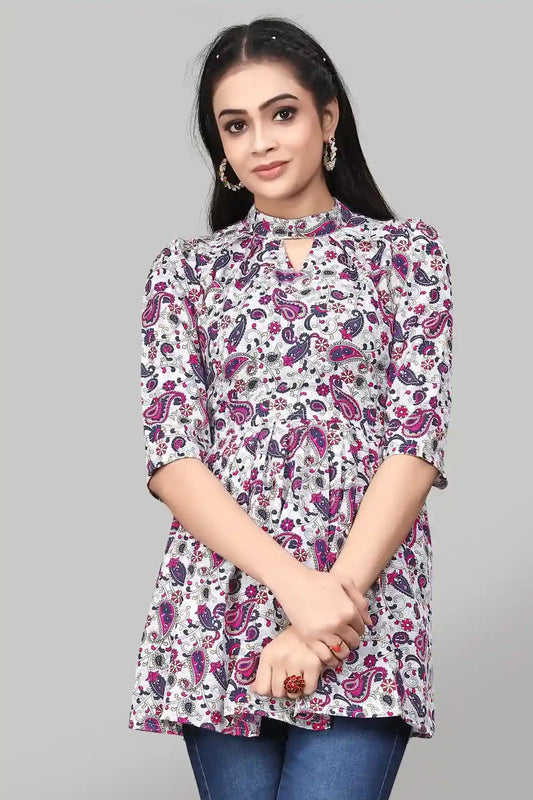 Pink Mango Floral Keyhole Neck Crepe Tunic Top for Women
