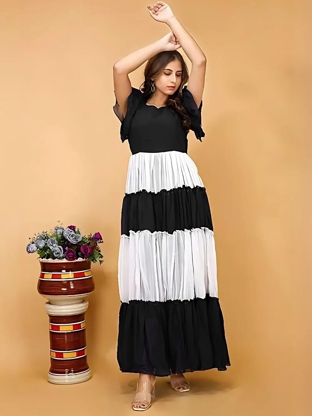 Side View of ZELZIS Black & White Colourblocked Maxi Dress
