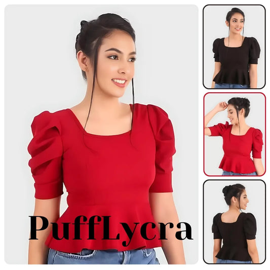 Solid Puff Sleeve Slim Fit Top for Women
