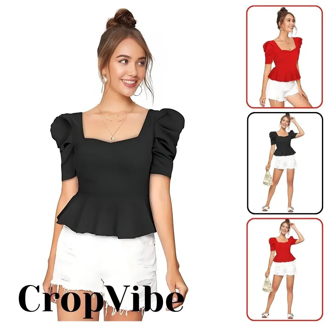 Woman wearing a black top with puff sleeves and white shorts, with inset images of different outfits.