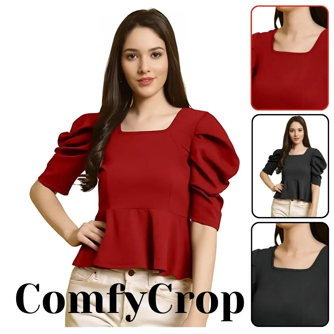 Woman wearing a red blouse with puff sleeves, surrounded by close-up insets and 'ComfyCrop' branding.
