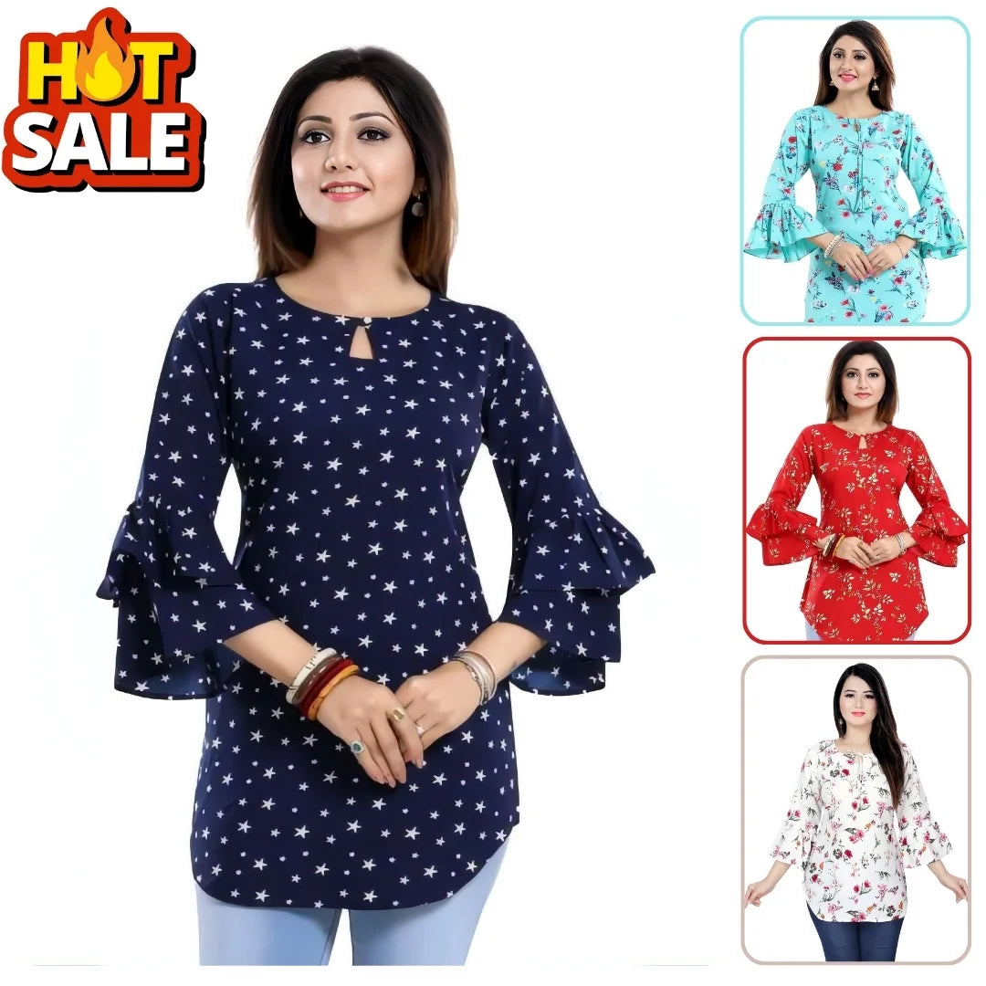 Star Printed Crepe Tunic Top with Bell Sleeves for Women
