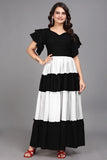 Stylish Black Colourblocked V Neck Maxi Dress for Women by ZELZIS
