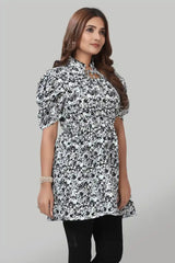 Stylish Black Crepe Ruffle Collar Tunic for Casual and Party Wear

