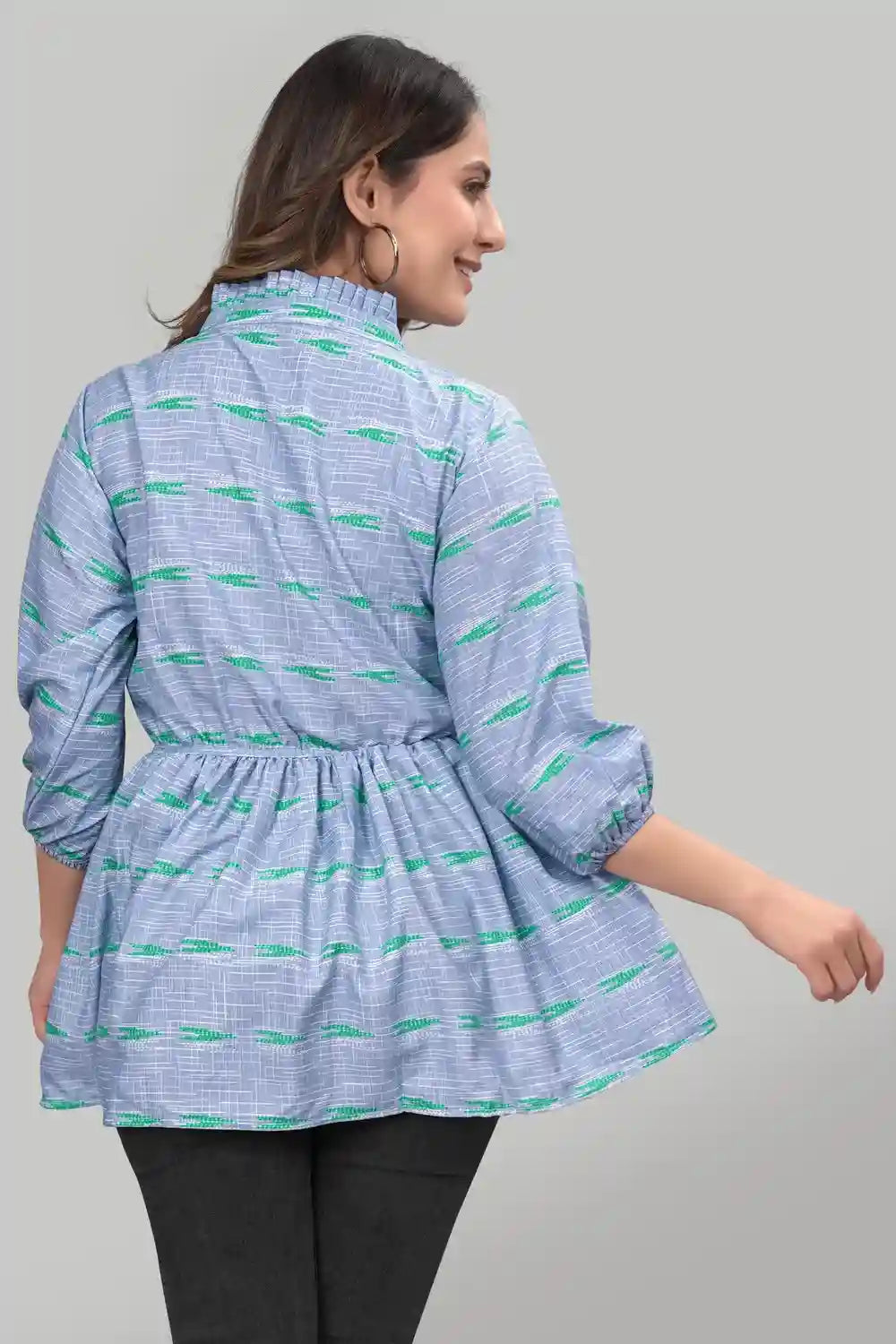 Stylish Blue Crepe Tunic with Floral Pattern and Ruffle Neck
