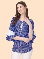 Stylish Blue Dot Pattern Tunic with Round Button Neck and Three Quarter Sleeves
