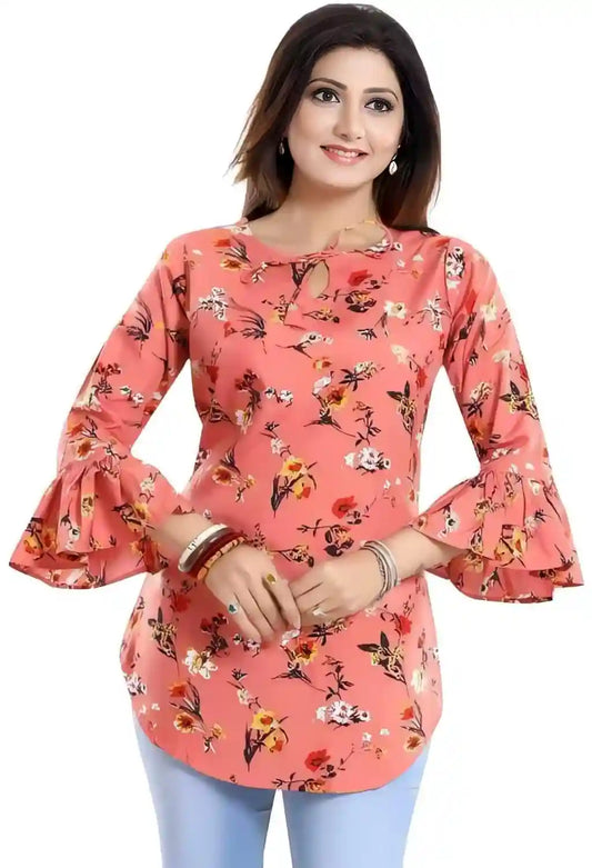 Stylish Orange Bell Sleeve Tunic with Tie-Up Neck for Women
