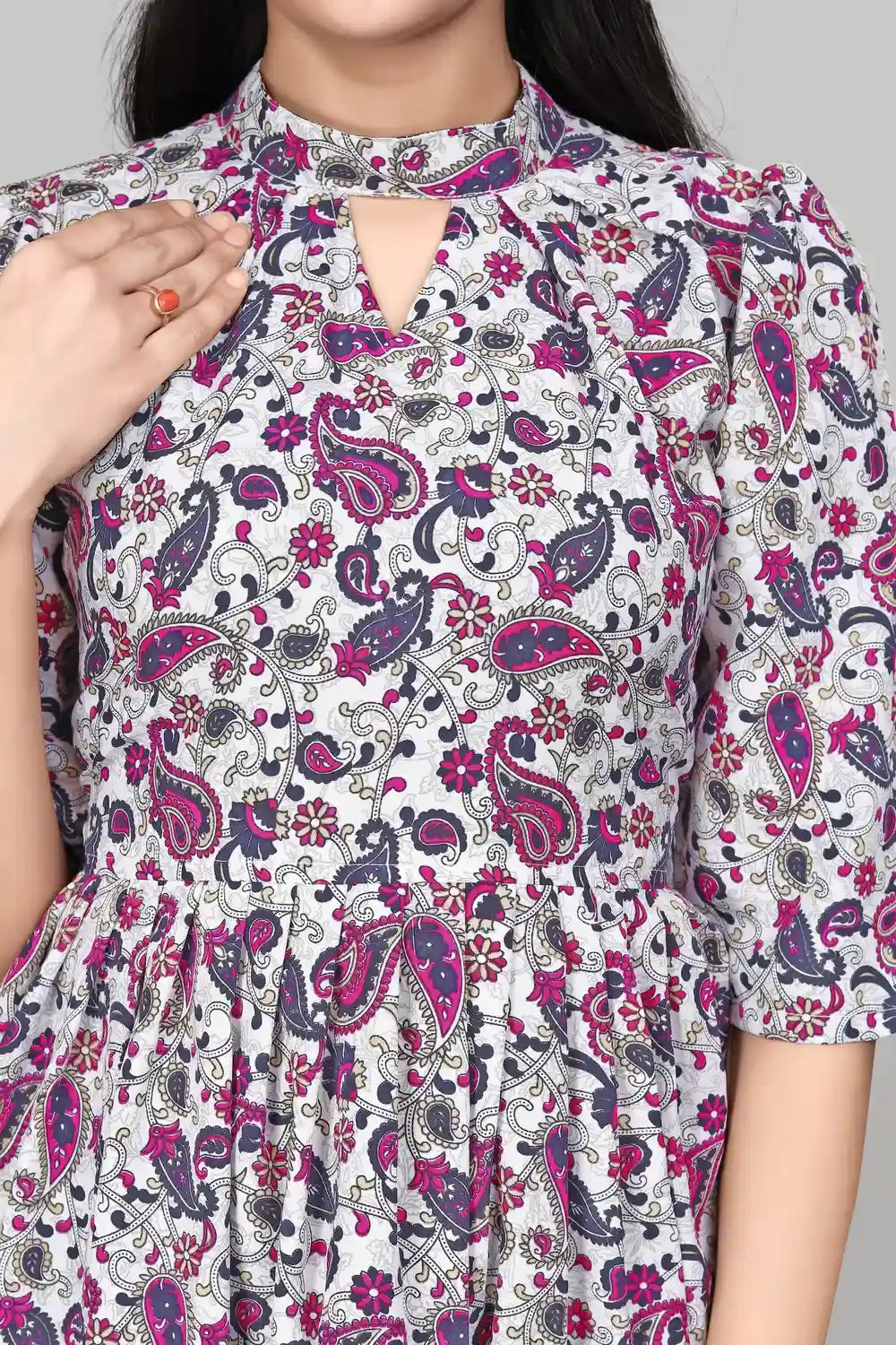 Stylish Pink Keyhole Neck Tunic Top with Mango Floral Pattern
