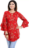 Stylish Red Crepe Tunic with Floral Design and Bell Sleeves for Women
