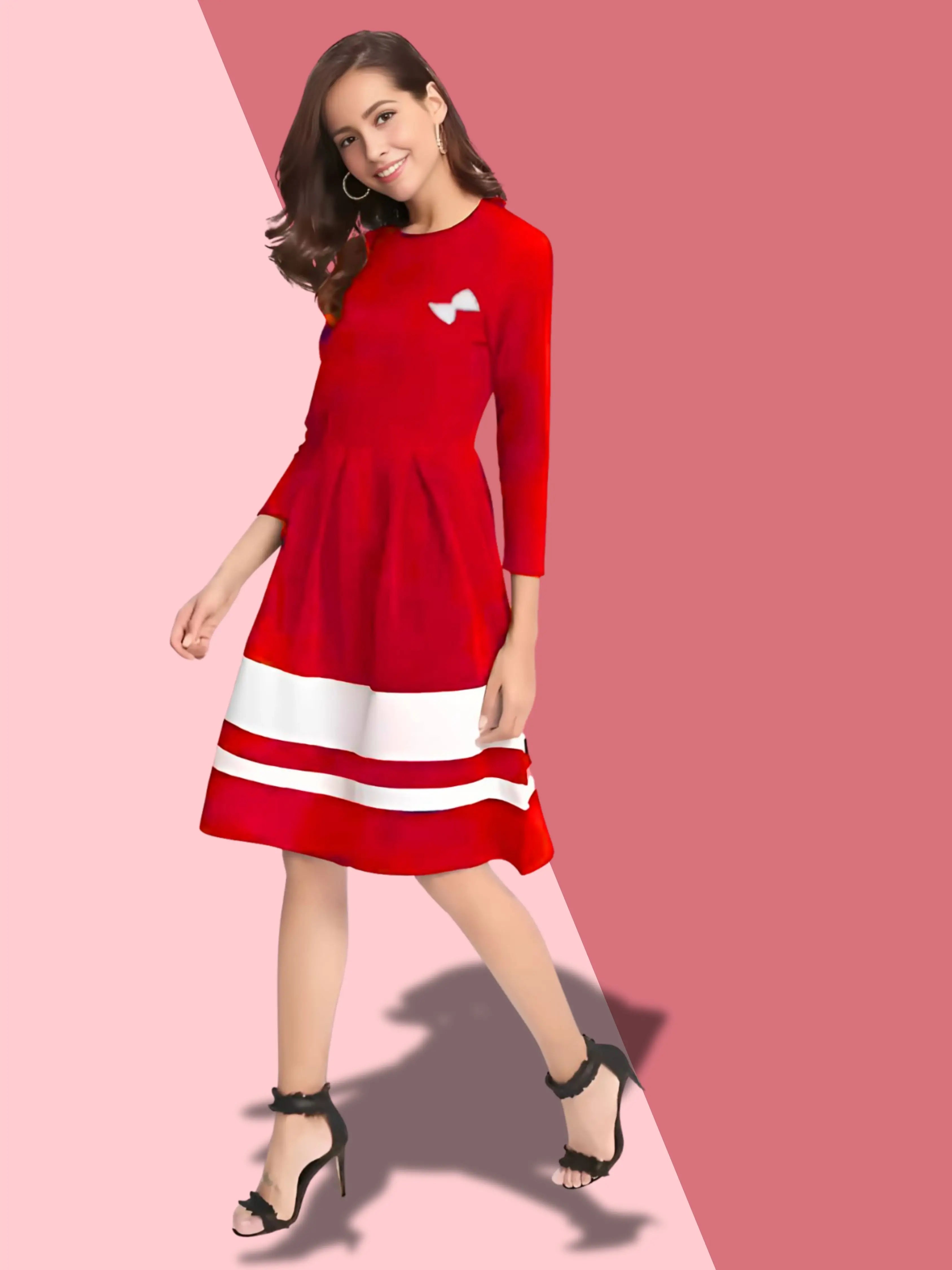 Stylish Red Skater Dress with Three-Quarter Sleeves - Casual & Party Wear