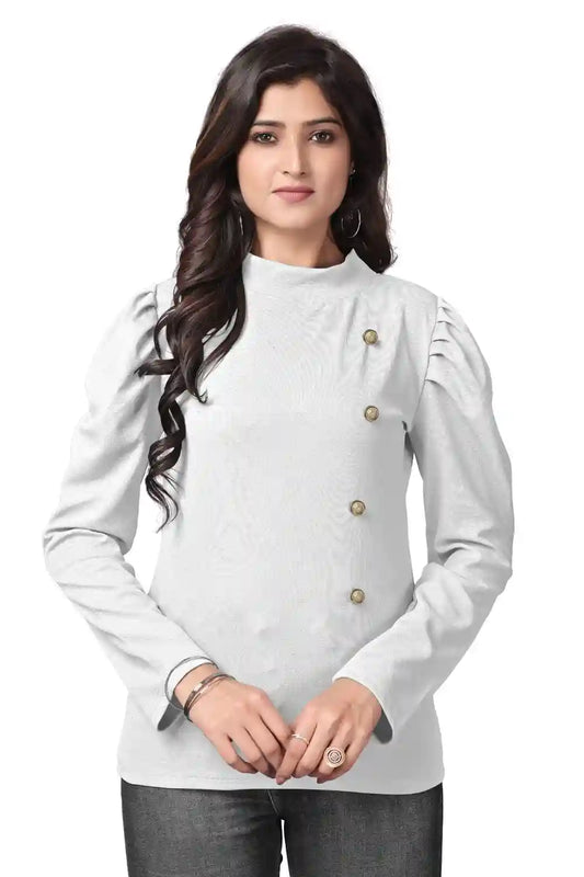 Stylish White Puff Sleeve Polyester T-Shirt for Women
